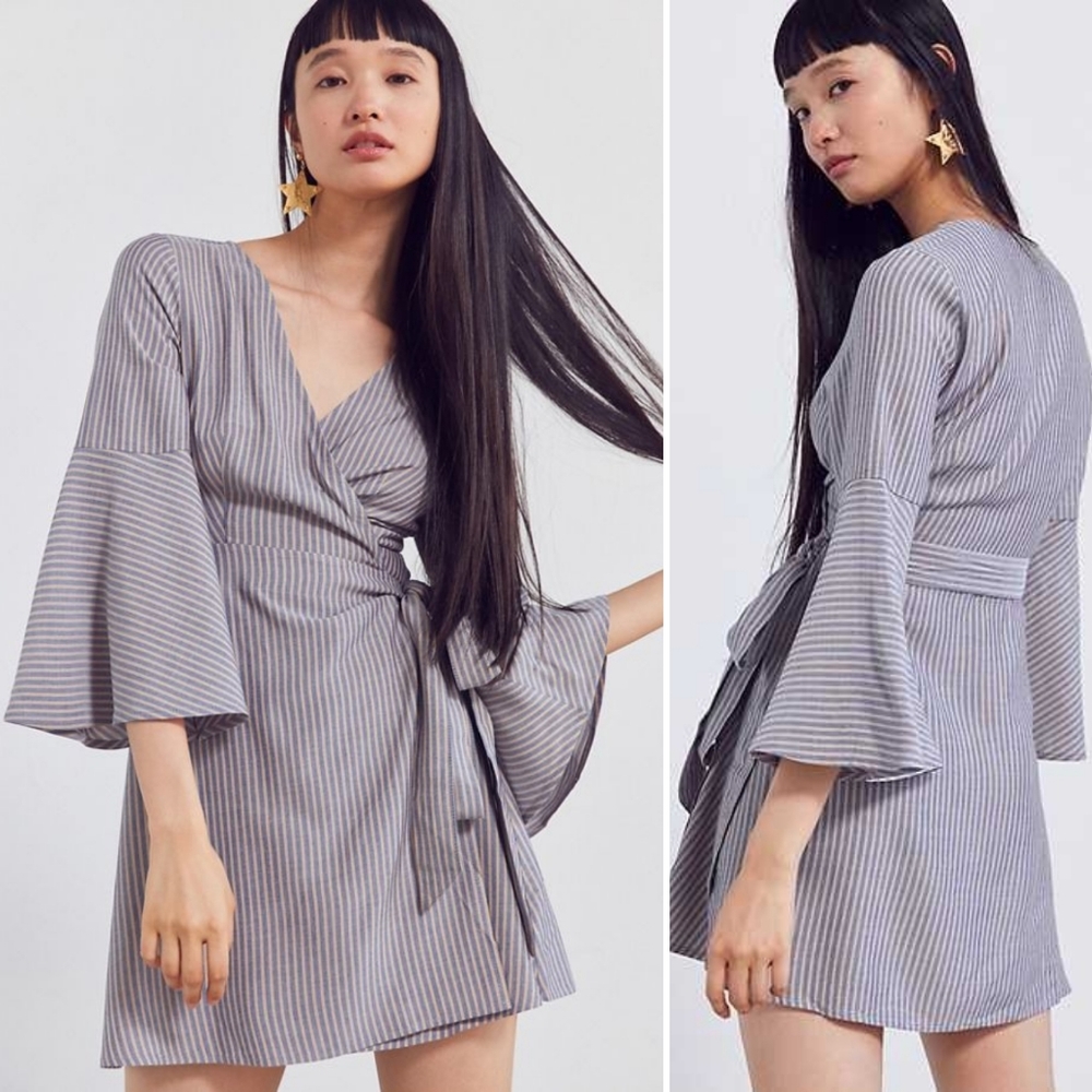 Ecote Bell Sleeve Wrap Dress Striped Mini UO